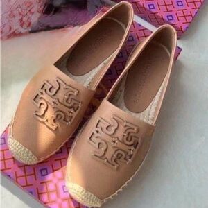 TORY BURCH Signature Logo Ginger Shortbread Leather Espadrille, 9, NWT